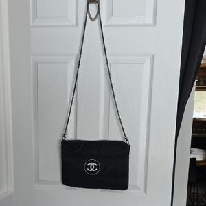 CHANEL Black Quilted Chain Shoulder Pouch with White Logo